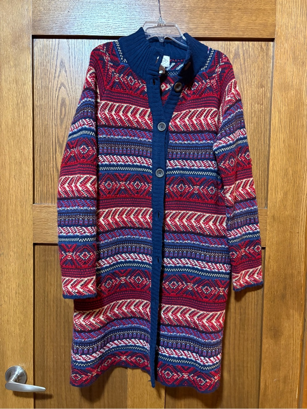 St. John's Bay Red & Navy Fair Isle Long Knit Cardigan